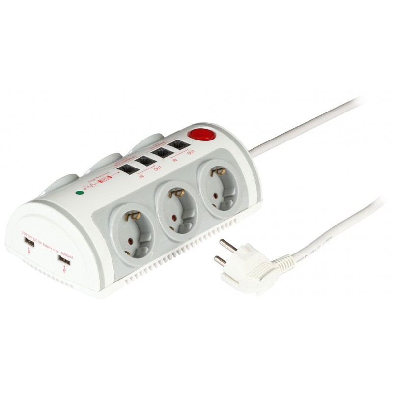 EK610, Разклonitel 6x220V surge prot 2xUSB, 2xRJ45, 2xRJ11