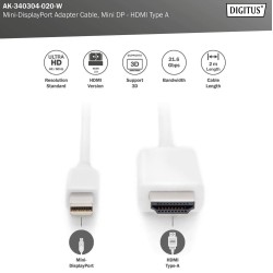 AK-340304-020-W, MiniDisplayPort към HDMI кабел 2м бял Assmann