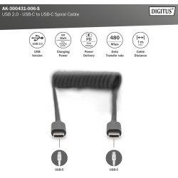 AK-300431-006-S, USB 2.0 кабел C/C M/M спирала 32см -1м