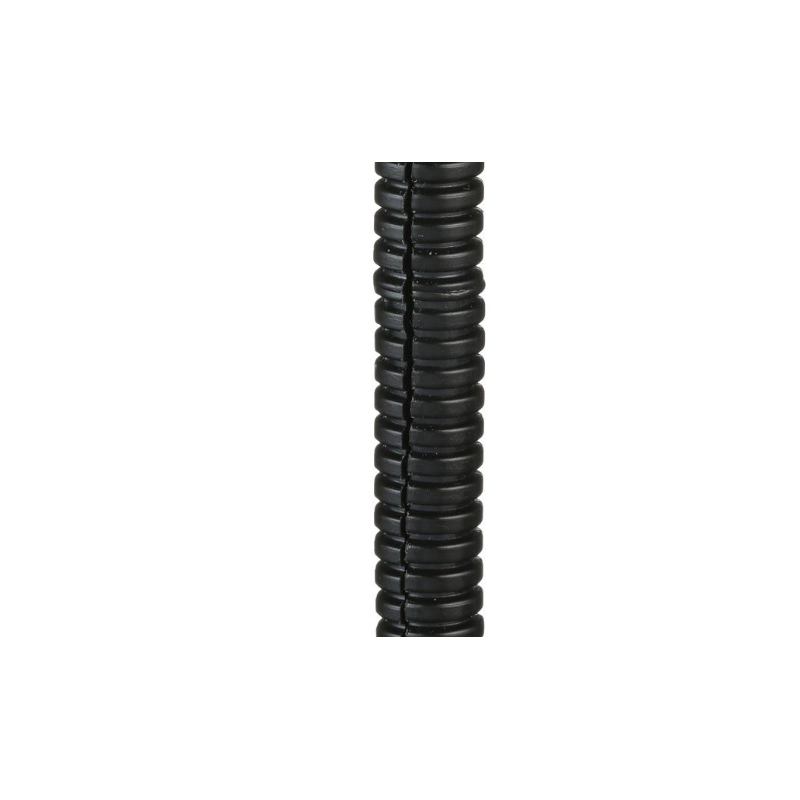 CLT25F-C20, The corrugated loom tubing slit wall measures .25" (6.4mm) x 100' (30.5m). It is black and made of polyethylene.