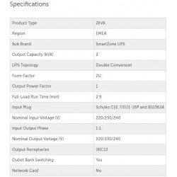 U02S12V, SmartZone UPS, 2kVA, 2U, 230V, single phase, double-conversion on-line power protection